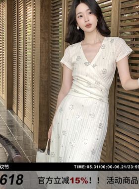 SYT自制 花朵亮片设计感显瘦套装连衣裙女2026春季新款系带两件套