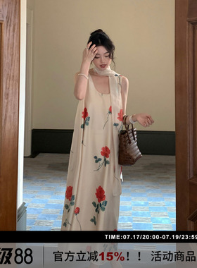 【霜叶红】SYT自制 约会休闲风百搭款u型领宽松玫瑰花背心连衣裙