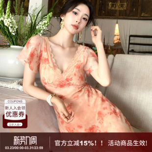 飞袖 新款 印花裙 蕾丝拼接V领花朵连衣裙度假裙女2026春季 SYT自制