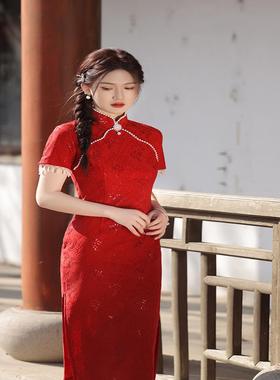 2023春夏新款中国风复合蕾丝雪尼尔长款立领复古旗袍女装