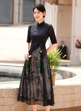 2023年新款春夏旗袍女复古黑色长款气质漂亮妈妈改良版连衣裙修身