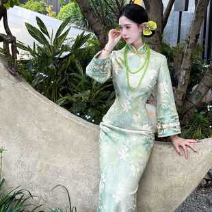 针织提花旗袍女 厚款 新中式 绿色改良旗袍2025秋冬新款