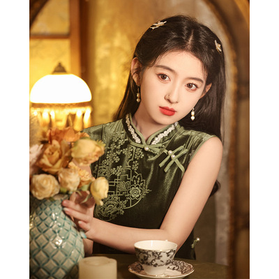 旗袍2024年新款复古老上海气质古典无袖丝绒长款连衣裙