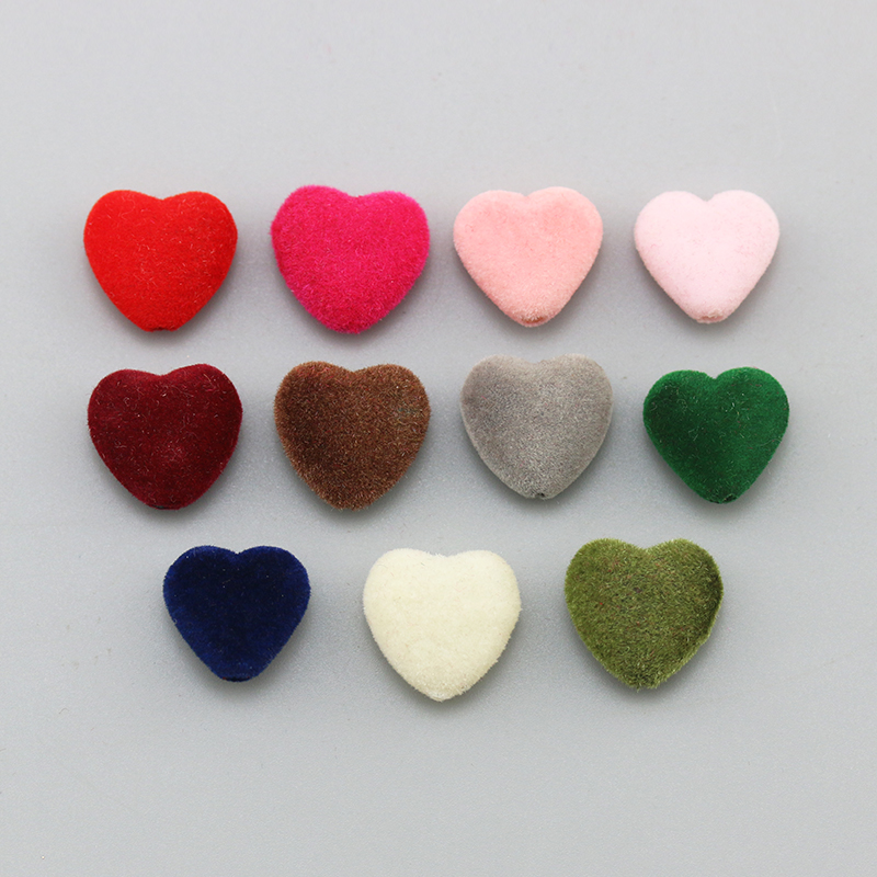 DIY饰品配件17*17mm彩色爱心桃心心形植绒珠穿孔串珠耳环吊饰吊坠