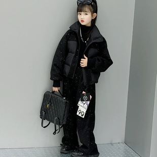 女童冬季棉衣套装童装新款毛呢拼接外套直筒裤两件套满天星短款