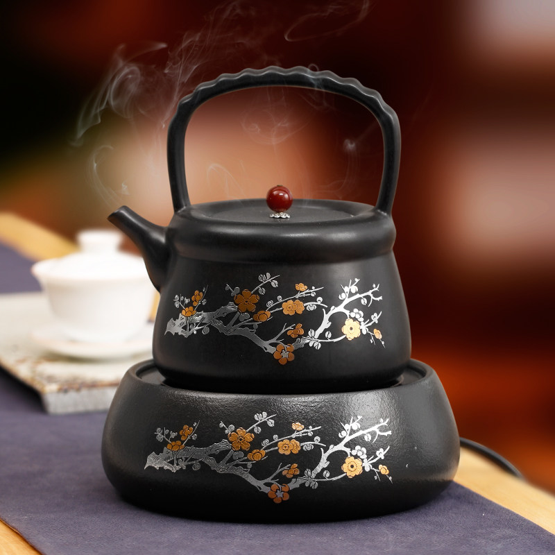 黑釉陶土煮茶壶提梁陶壶金银梅电陶炉烧水煮水套装