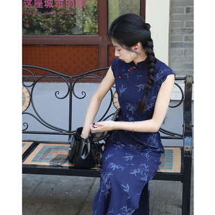 旧月新中式改良旗袍2025新款夏季蓝色年轻民国风无袖少女文艺显白