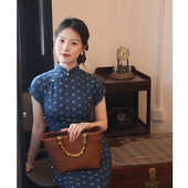 蓝色民国风女文艺复古小连袖 夏季 优雅 改良旗袍2026新款 波曼新中式