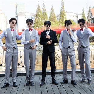 出租伴郎服灰色黑色马甲背心修身套装兄弟团男士西服结婚礼服装