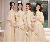 出租香槟色中式 立领旗袍仙气质礼服显瘦女中国风姐妹团 伴娘服新款