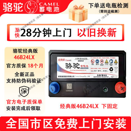骆驼经典版蓄电池46B24LX比亚迪元PLUS瑞纳起亚K2千里马汽车电瓶