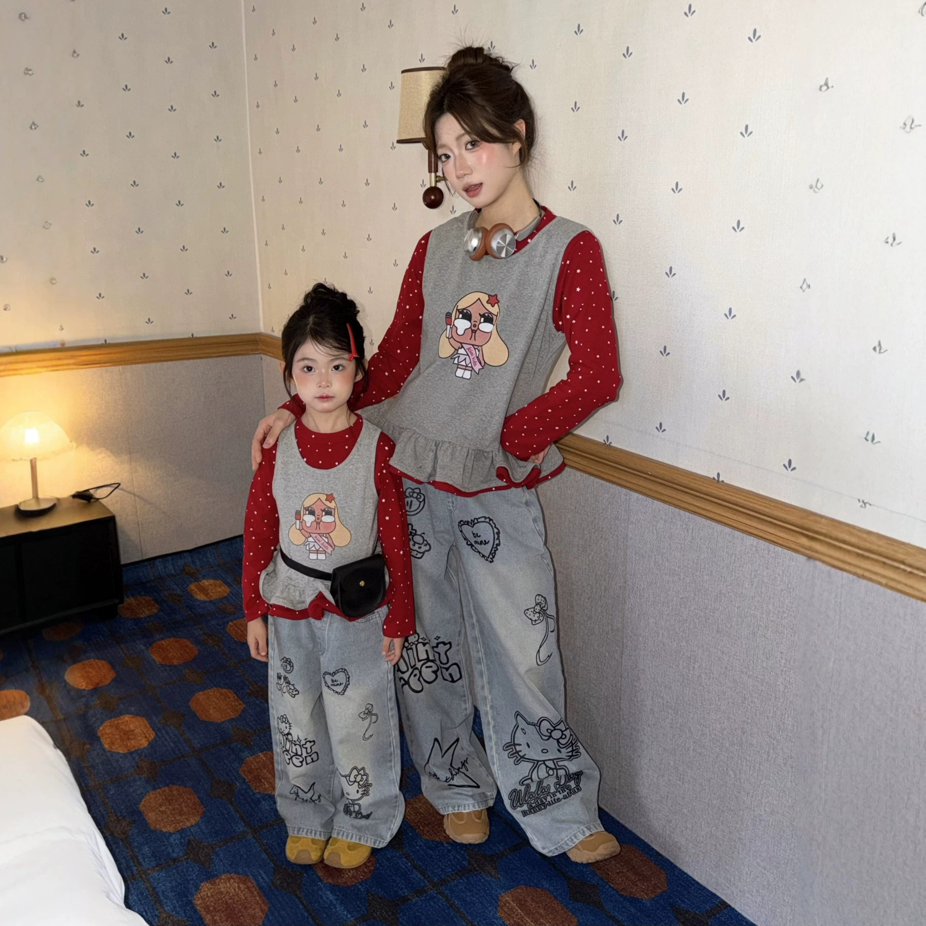 春秋母女亲子卡通背心阔腿套装