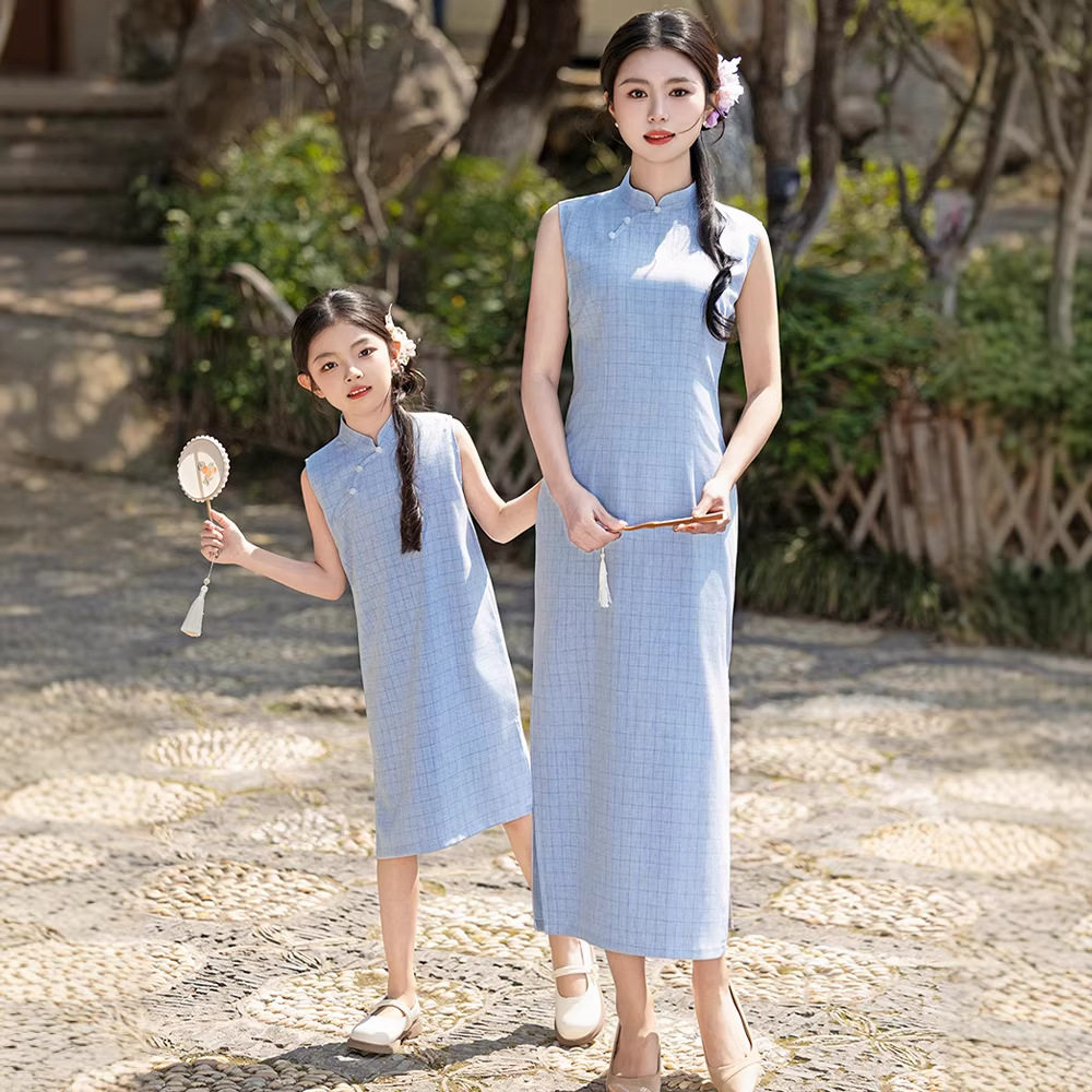 夏季蓝色格子新中式母女旗袍裙子