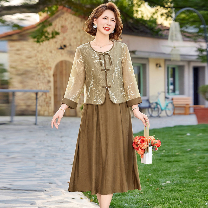 新中式妈妈夏装连衣裙套装夏季新款国风外套裙子大码中老年两件套