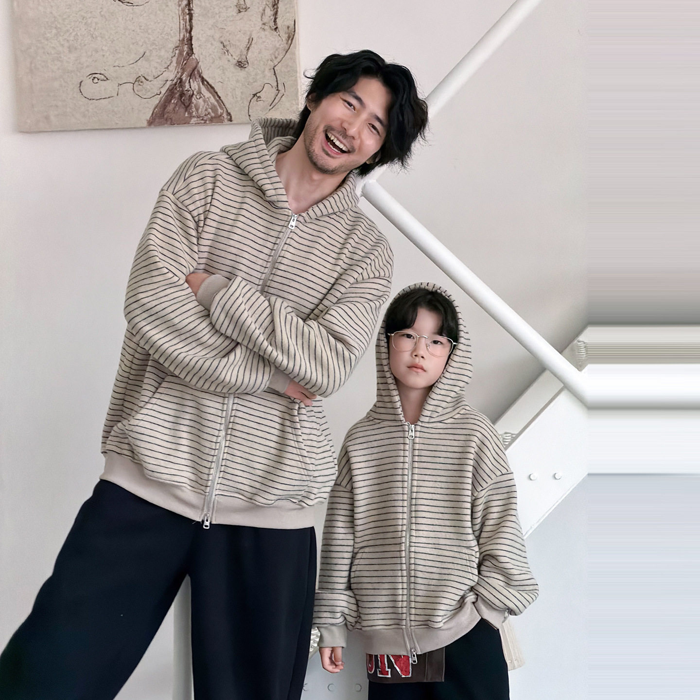 秋冬加绒亲子条纹连帽开衫卫衣