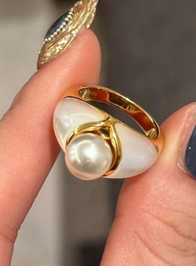 Lucky K S925纯银天然真多麻珍珠贝母戒指女百搭珍珠镶嵌小众轻奢