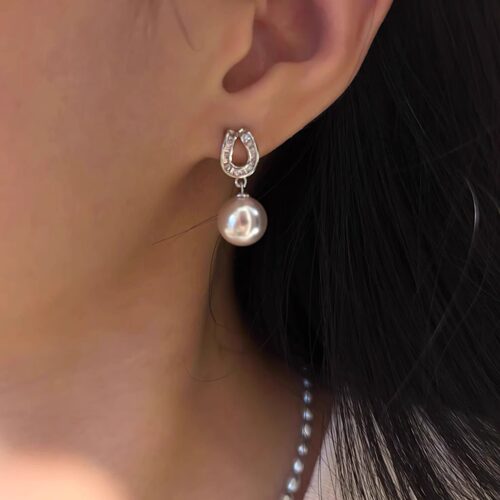 Lucky K s925纯银精工银针闪钻马蹄施家珍珠耳钉女轻奢小众