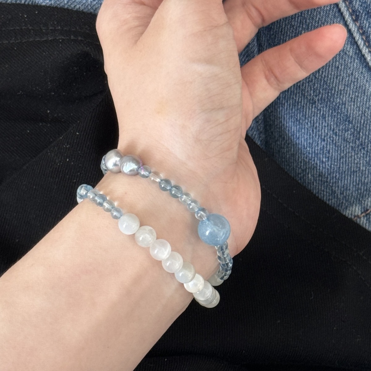 Lucky K 天然海蓝宝巴洛克珍珠手串白月光石双圈叠戴手链简约串珠