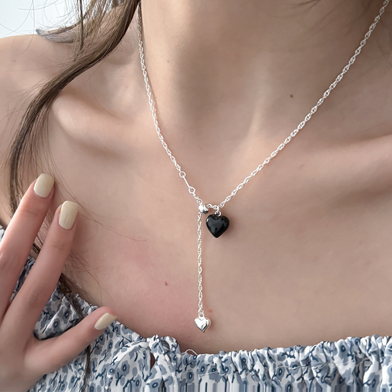 Lucky K 925纯银黑色爱心链条流苏项链女简约轻奢抽拉式桃心形