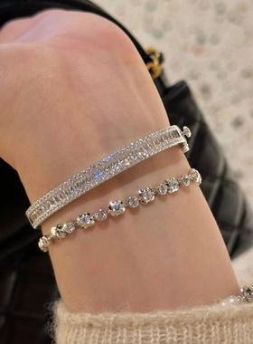 S925纯银奢华T方锆石满钻手镯豪镶排钻精致重工手环宴会高级气质