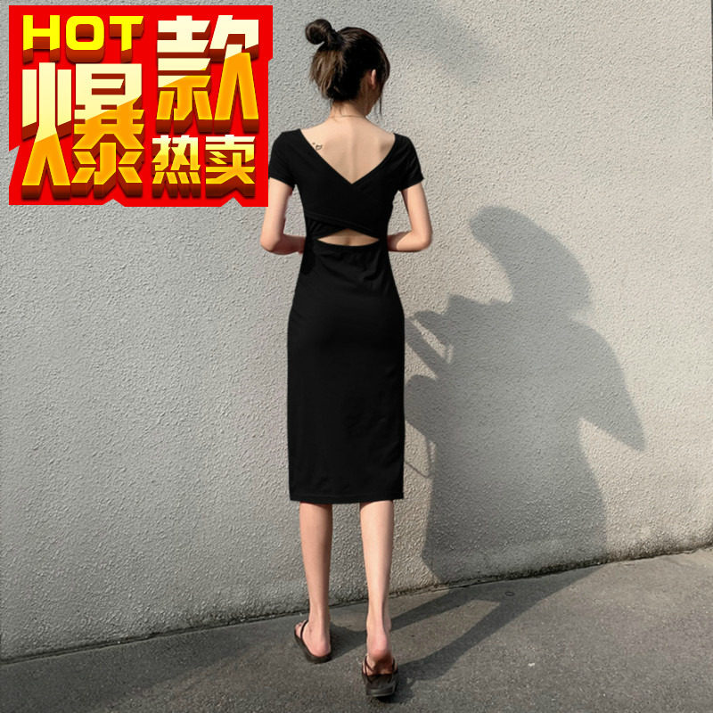 露背连衣裙收腰显瘦性感气质开叉秋装2020年新款女心机设计感裙子