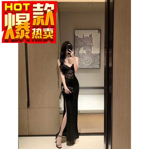 法式性感黑色蕾丝吊带连衣裙女气质御姐风轻熟晚礼服开叉包臀长裙