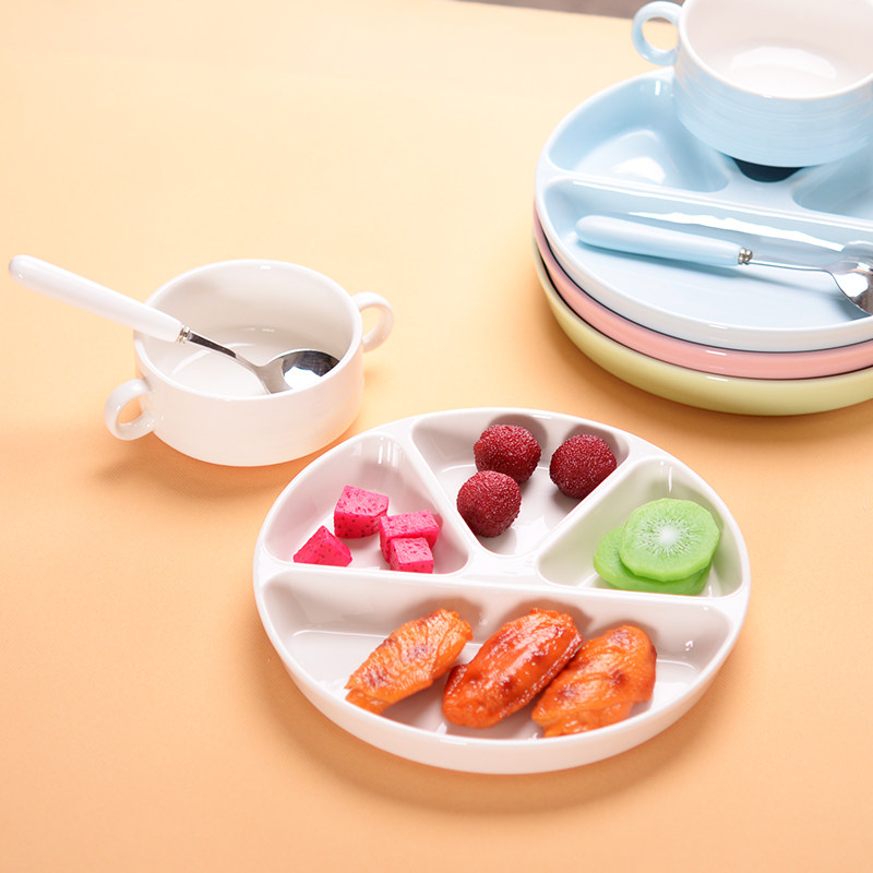 日式分格盘陶瓷纯色儿童餐具套装圆形四格深盘分隔饭菜早餐盘饭盘