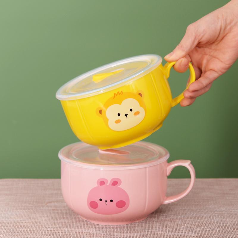 陶瓷泡面碗带盖子带手把带手柄上班族饭盒可烤箱微波炉加热带刻度