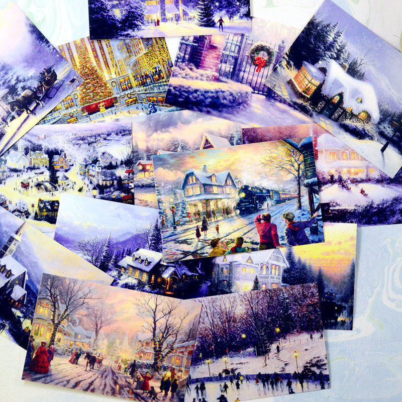 油画风冬日小城雪夜明信片贺卡