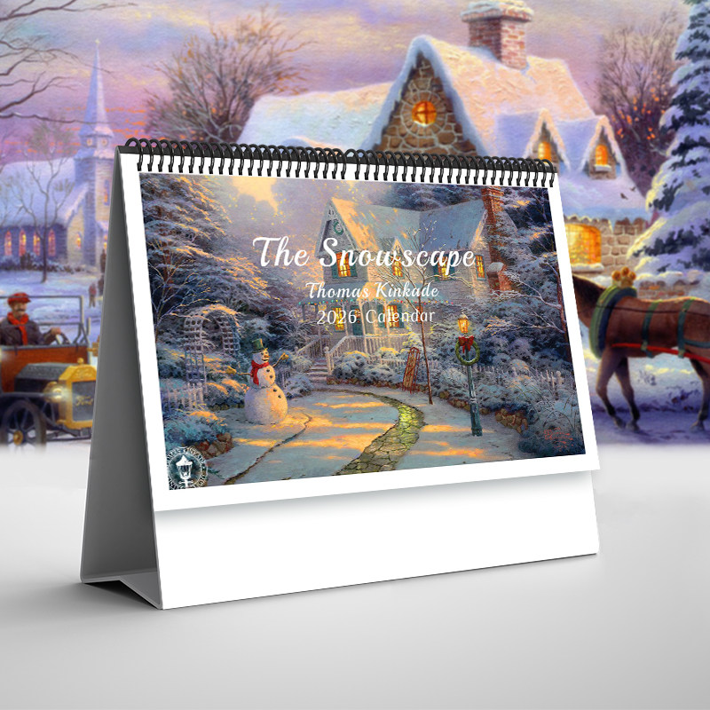 2026年托马斯雪景油画台历欧美冬日圣诞建筑横版日历创意月历