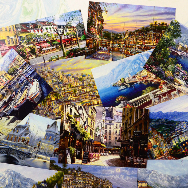 浪漫欧洲小镇 手绘风格淡彩小城油画明信片贺卡 15枚