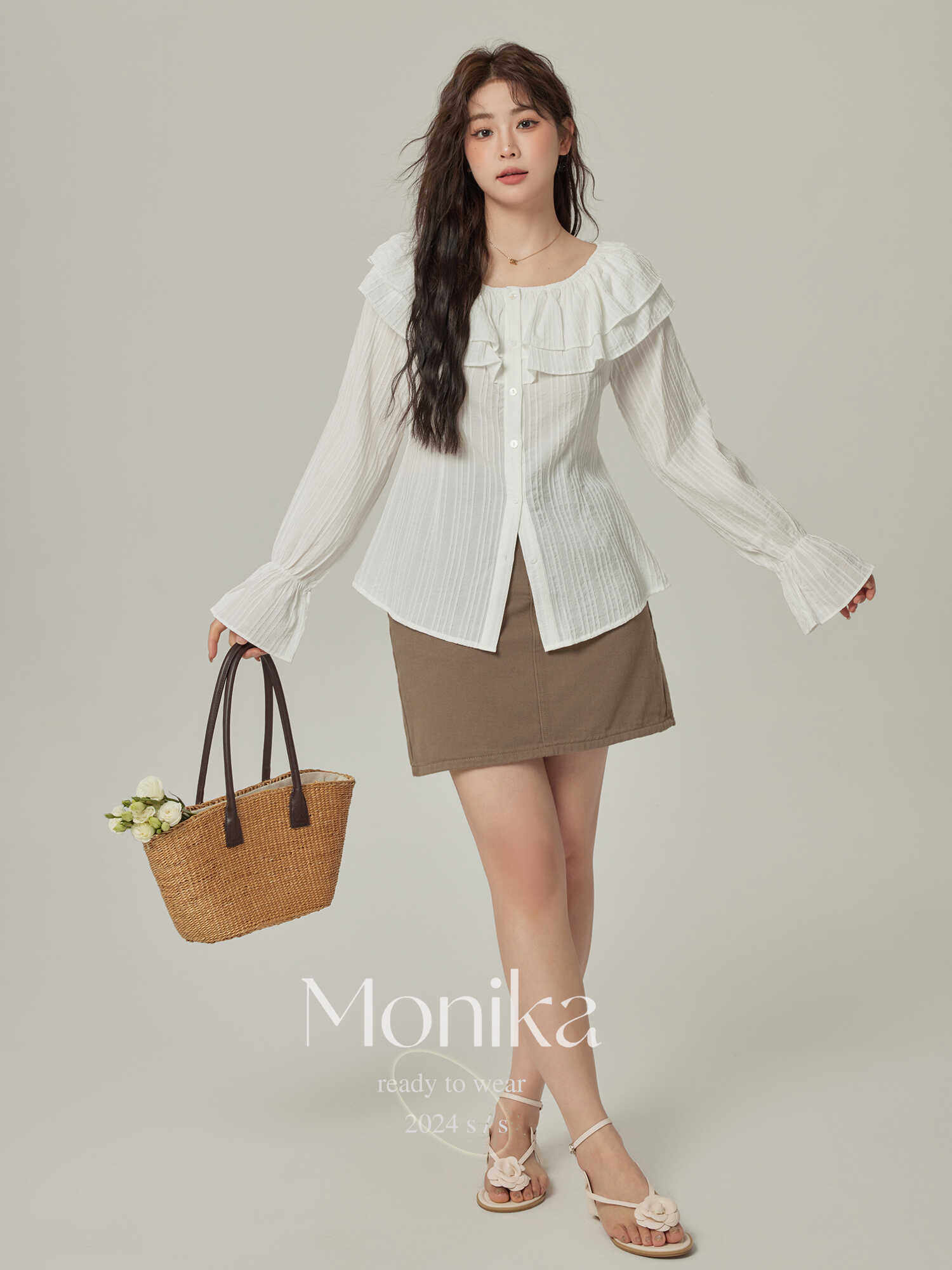 모니카 플러스 사이즈 뚱뚱한 소녀들을 위한 여성 의류 새로운 디자인 프릴 원라인 칼라 레트로 오프 숄더 셔츠 탑