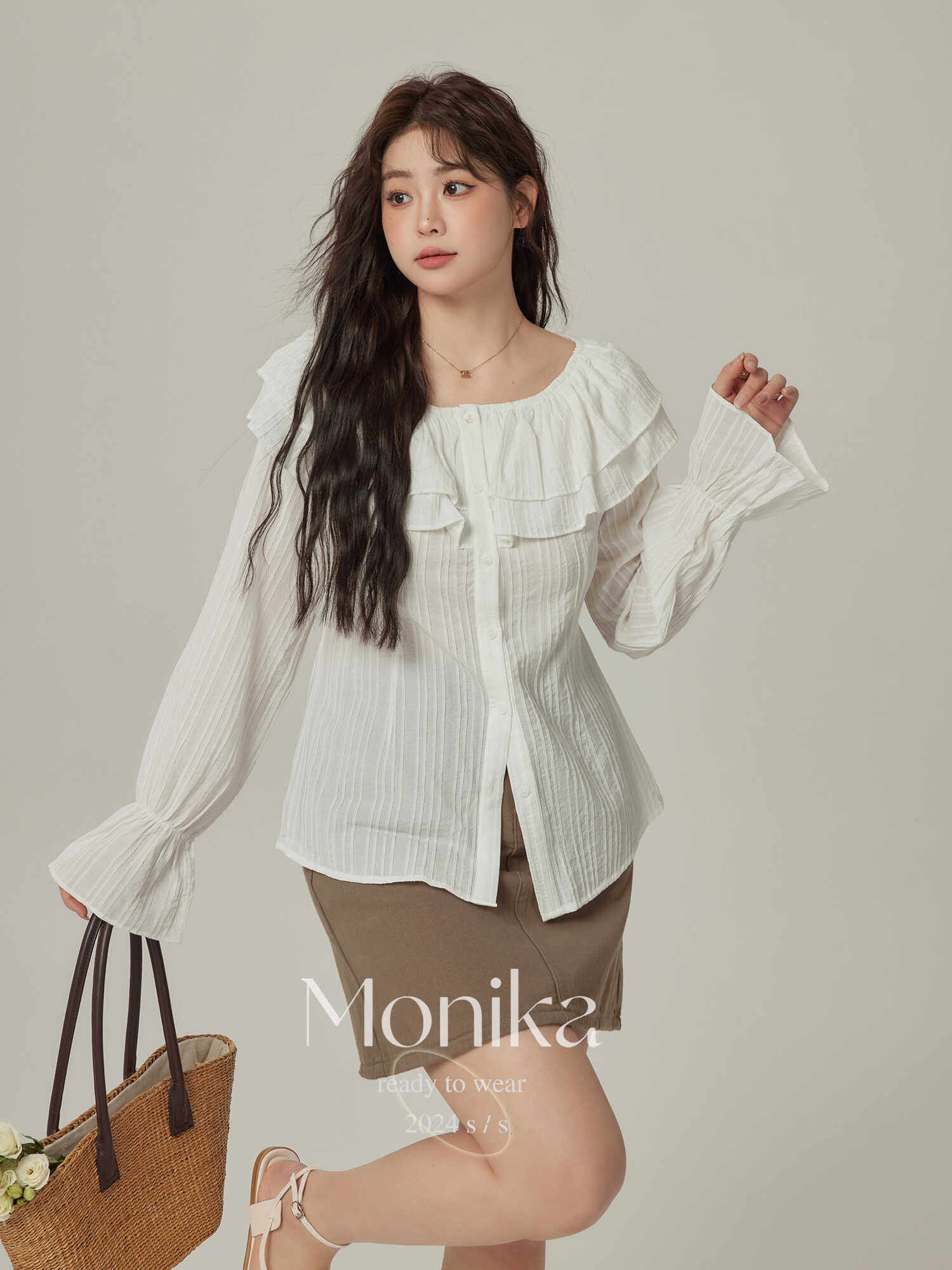 모니카 플러스 사이즈 뚱뚱한 소녀들을 위한 여성 의류 새로운 디자인 프릴 원라인 칼라 레트로 오프 숄더 셔츠 탑
