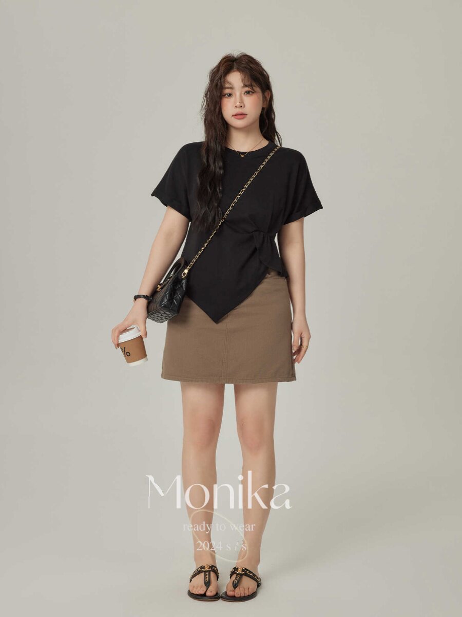 모니카 대형 라운드 넥 반팔 오른쪽 어깨 티셔츠 여성용 여름 신작 슬림 디자인 틈새 불규칙 탑