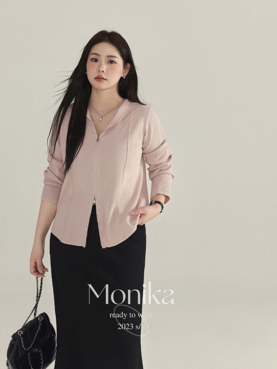 MONICA 대형 가을 2024 여성용 새 더블 엔드 지퍼 니트 바닥 셔츠 지방 MM 슬림 후드 탑
