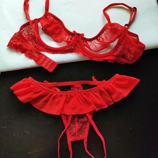 热情红片纱半遮胸托免脱卧室内衣性感露点奶罩开衩丁字裤 文胸套装