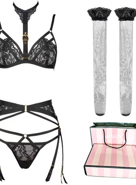 静夜曲黑色超薄蕾丝内衣无钢圈诱惑脖饰文胸丁字裤吊袜带套装女夏