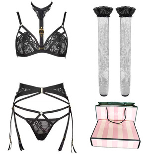 静夜曲黑色超薄蕾丝内衣无钢圈诱惑脖饰文胸丁字裤吊袜带套装女夏