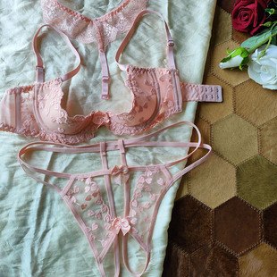 薄棉文胸套装 粉墨登场女1 4胸托天鹅颈聚拢蕾丝绣性感免脱丁字裤