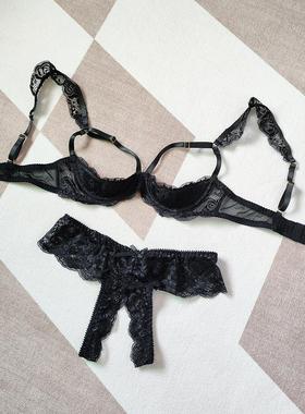 628聚拢胸托胸罩哺乳奶罩露托禁欲系1/4黑色蕾丝性感文胸套装内衣