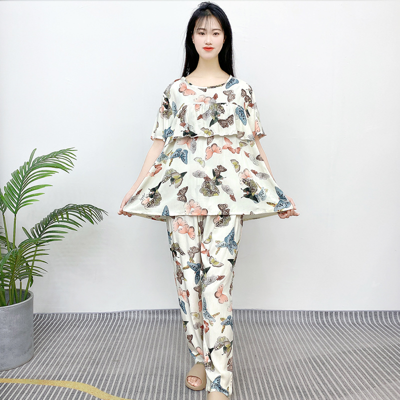 2025夏季薄款防凸点睡衣女士棉绸短袖长裤人造棉套装家居服Y112