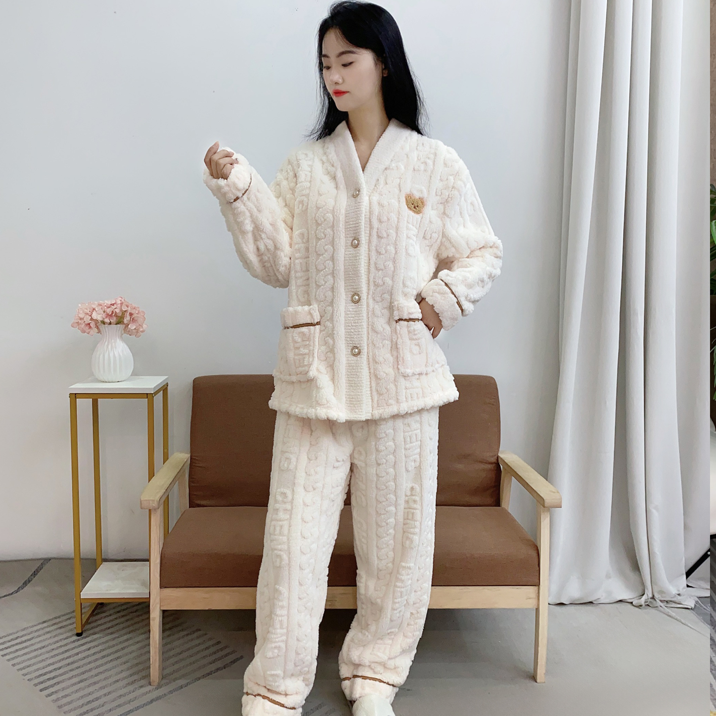 法兰绒可外穿家居服套装仅45.9元