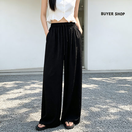 黑色棉绸阔腿裤女夏季薄款宽松大码时尚显瘦直筒长裤垂感休闲裤子