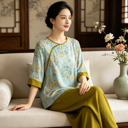 2026新款棉绸女士睡衣新中式国风七分袖长裤夏季大码外出家居服薄