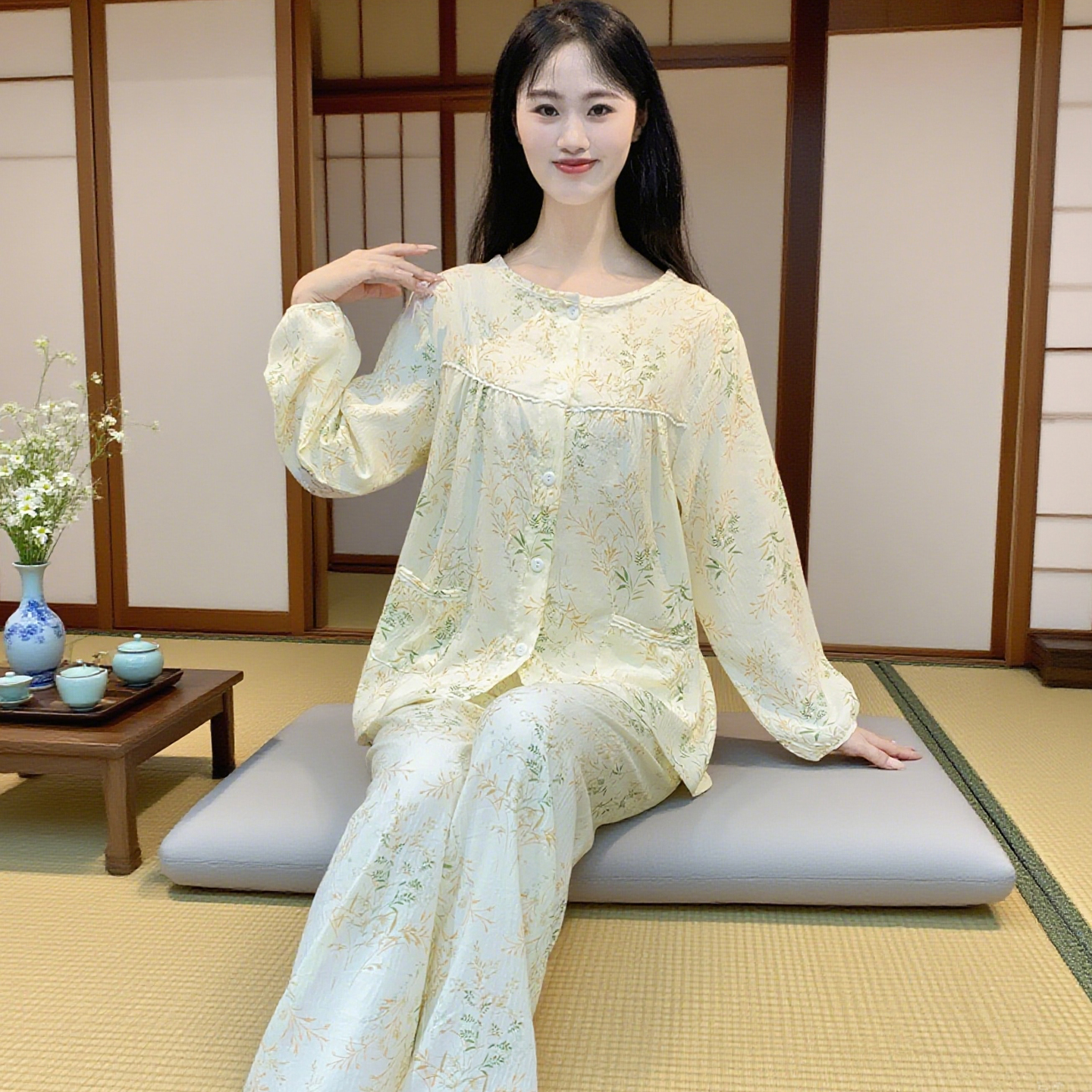 女士睡衣云朵棉绸2025新款春秋季长袖开衫大码宽松外穿家居服套装