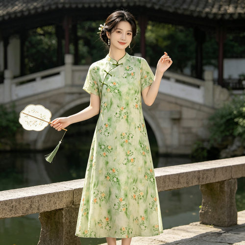 夏季国风长裙复古改良旗袍女棉绸宽松大码中老年遮肉遮肚子连衣裙
