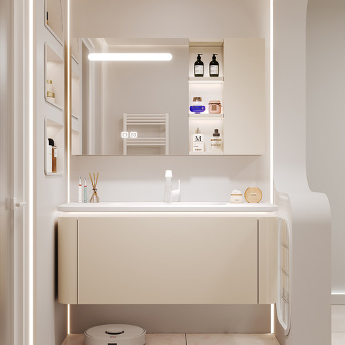 多层实木陶瓷盆奶油风浴室柜