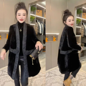 欧货中长款棉服女宽松休闲丝绒拼亮缎冬季新款复古个性羽绒棉棉衣