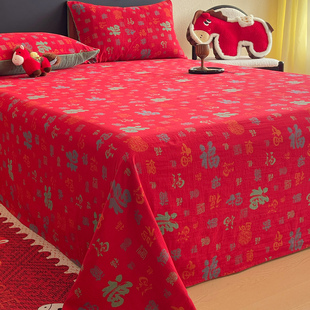 百福纯棉双层纱床单单件婚庆红色喜庆全棉被单枕套三件套2026新款