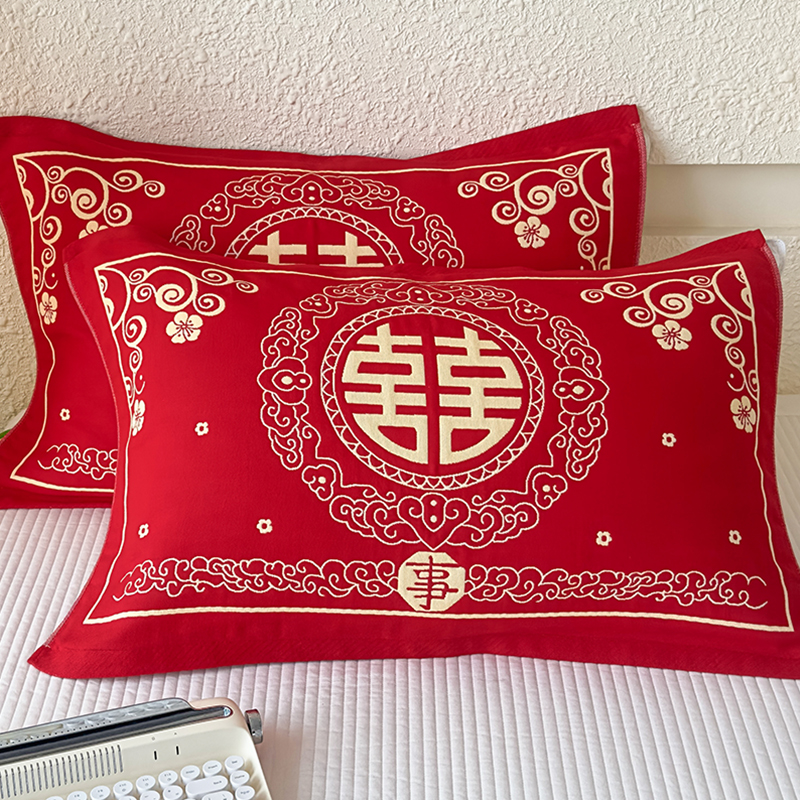 全棉纱布枕巾大红结婚喜字枕头巾